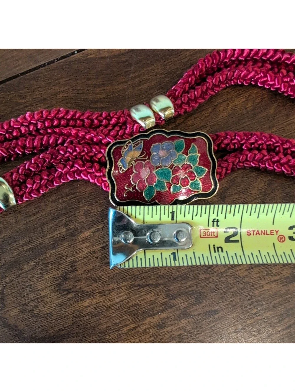 Vtg RED GENUINE CLOISONNÉ Floral ENAMEL BELT BUCKLE Cord Stretch Rope earrings